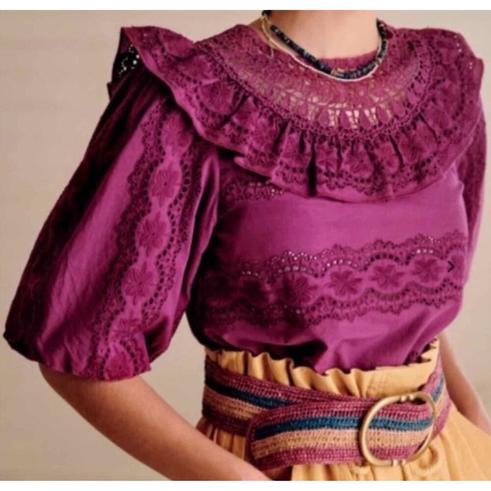 NWT Sezane Elsa Embroidered cotton Eyelet purple Top blouse Size 40 US8 bust 40